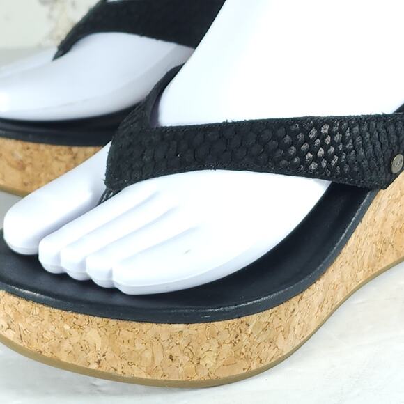 UGG Women's Natassia US8 Black Leather SlipOn Cork Wedge Platform Thong Sandals - Picture 14 of 15